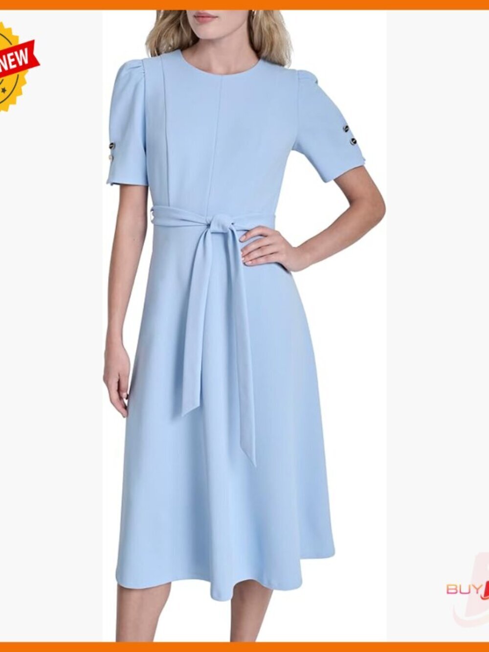 Short Puff Sleeve Midi Dress with Removable Belt, Scuba Crepe Fabric